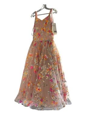 Christina Wu Girls' Blush Pink Floral Sequin Tulle Gown